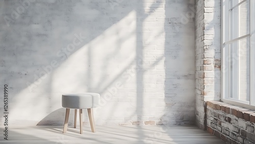 White wall with a grey fabric stool and a white table, a cozy interior design of a modern living room in a loft apartment with brick walls, a window on the right side
