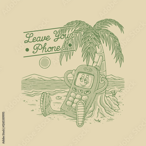 old hand phone sitting on the beach retro cartoon mascot