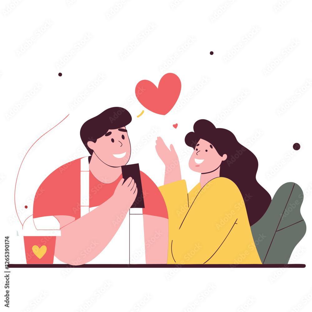 A couple of european descent enjoys a joyful conversation, surrounded by hearts and plants, in a cozy setting. They are smiling and engaged with each other. A couple of european descent enjoys a joyful conversation, surrounded by hearts and plants, in a cozy setting. They are smiling and engaged with each other.