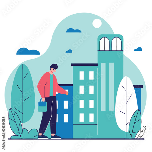 A European man walks through a cityscape with buildings and trees, wearing casual clothes. The scene is colorful and stylized, capturing urban life.