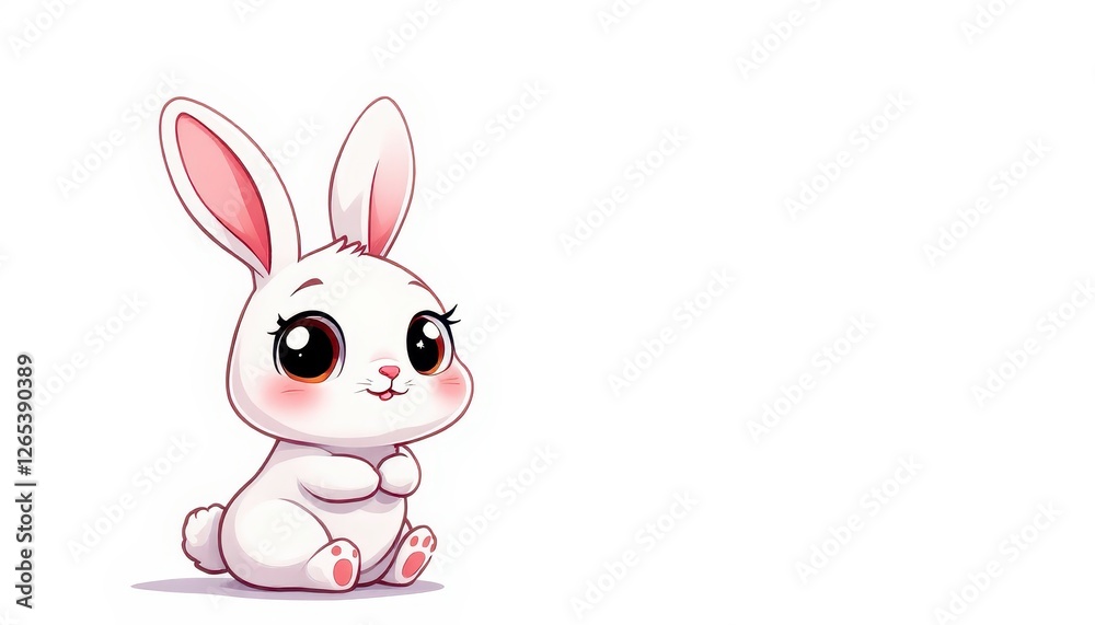 Fototapeta premium Cute Cartoon Rabbit Sitting White Bunny with Big Eyes Illustration for Graphic Resource and Text Overlay Purpose Purpose