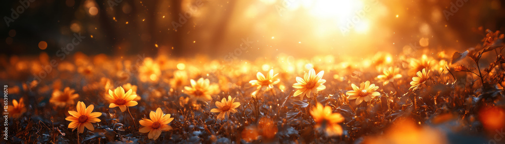 Fototapeta premium Vibrant sunflower field glowing under golden sunlight, creating warm and serene atmosphere.