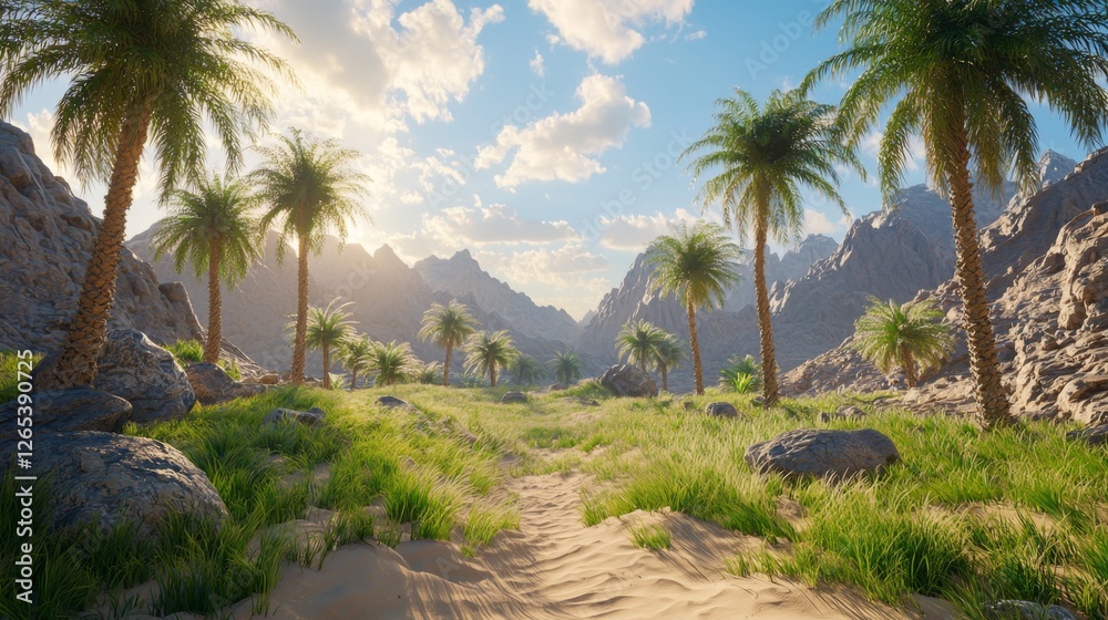 Serene Oasis Landscape with Lush Palm Trees and Mountains Under a Vibrant Sky at Sunset Serene Oasis Landscape with Lush Palm Trees and Mountains Under a Vibrant Sky at Sunset
