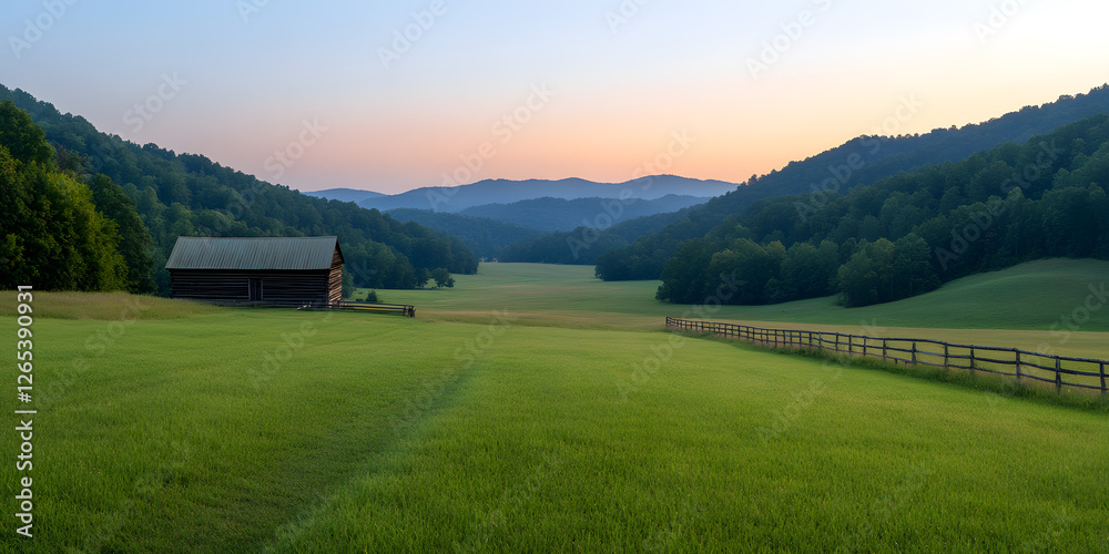 Pastoral serenity at dawn: lush meadow, rustic barn, and distant mountains under a soft, pastel sky. Tranquil rural landscape.