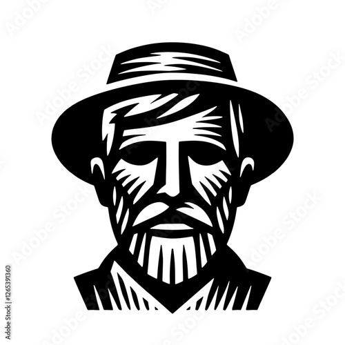 Farmer Head Logo Icon. Simple Black and White linocut engving style vector illustration.
