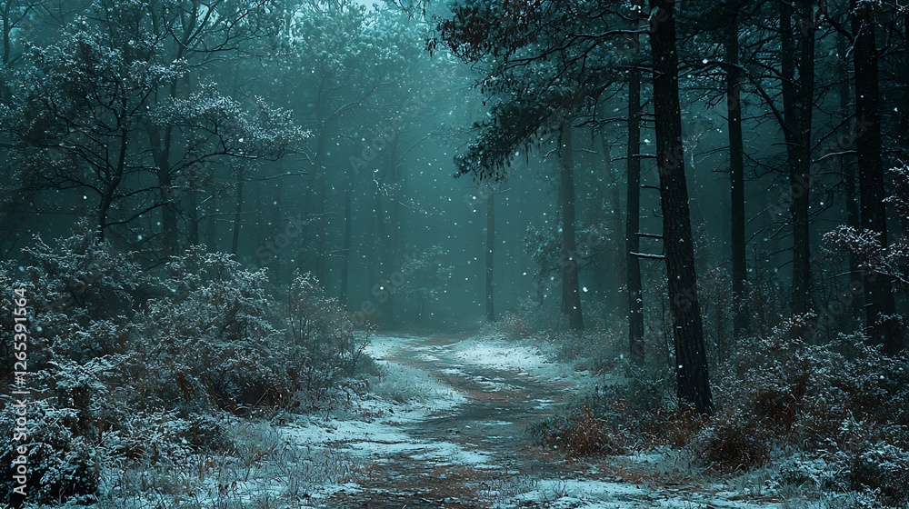 Obraz premium Snowy forest path, winter wonderland, snowfall, tranquil scene, nature photography