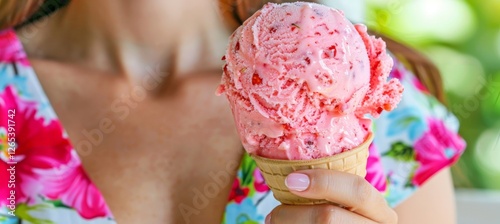 Close-up Young Woman Savor Summer s Sweetness with a Delicious Strawberry Ice Cream Cone photo