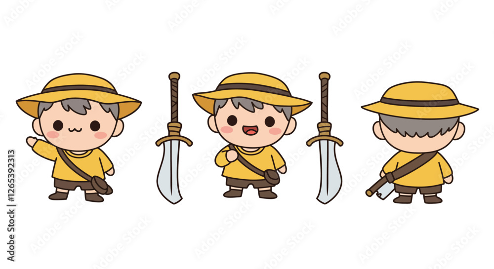 Cute character transformation in minimal style with sword and hat vector illustration Cute character transformation in minimal style with sword and hat vector illustration