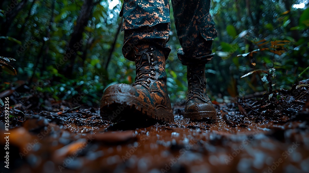 Soldier's boots, muddy jungle path, rainforest backdrop, military operation