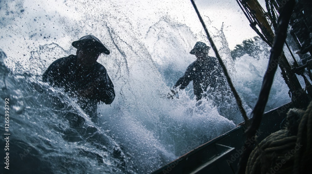 Naklejka premium Fishermen battling rough sea, traditional boat, storm background