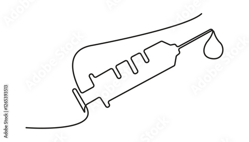 One continuous line drawing of medicine set with syringe and vial. Pharmaceutical components and vaccine symbol in a simple linear style