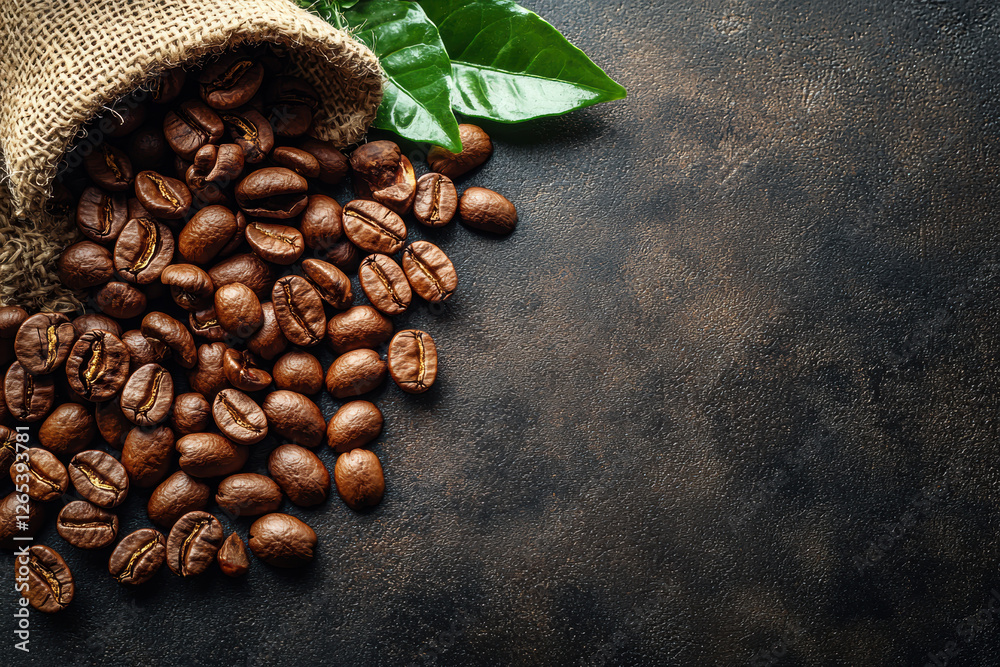 Obraz premium Rustic arrangement of coffee beans spilling from burlap sack onto textured brown backdrop with green leaves.