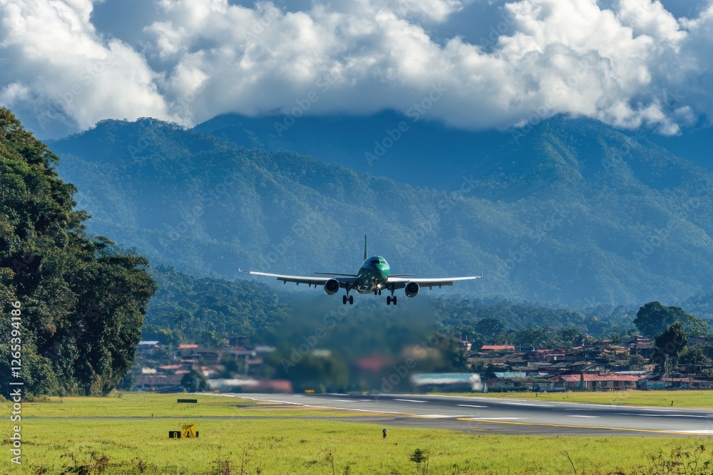 Airplane Landing Over Lush Mountains Airplane Landing Over Lush Mountains