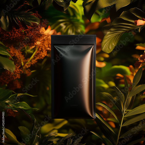 Mockup of Black Mylar Bag on Dark Background with Plants photo