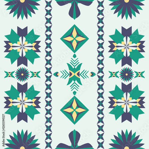 Tribal fabric, tile and carpet feature a geometric Native American pattern on a light green color background