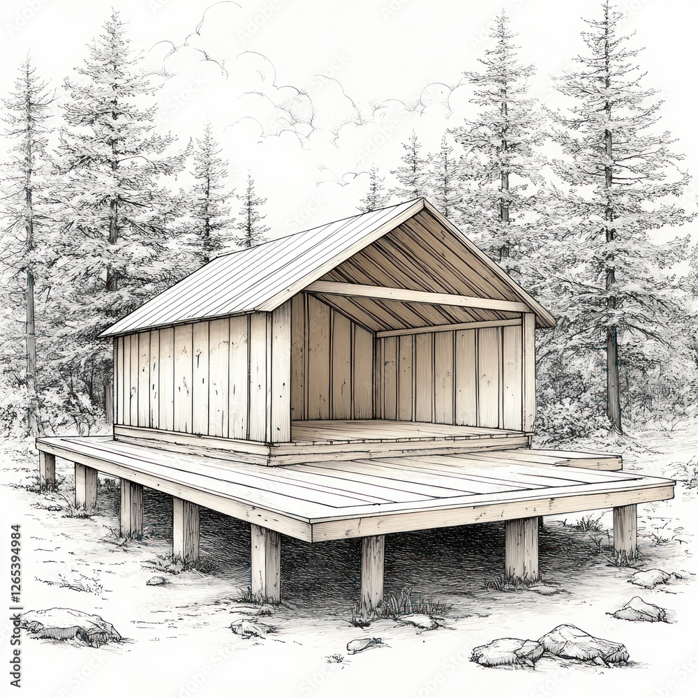 Wooden shelter design in forest landscape drawing Wooden shelter design in forest landscape drawing