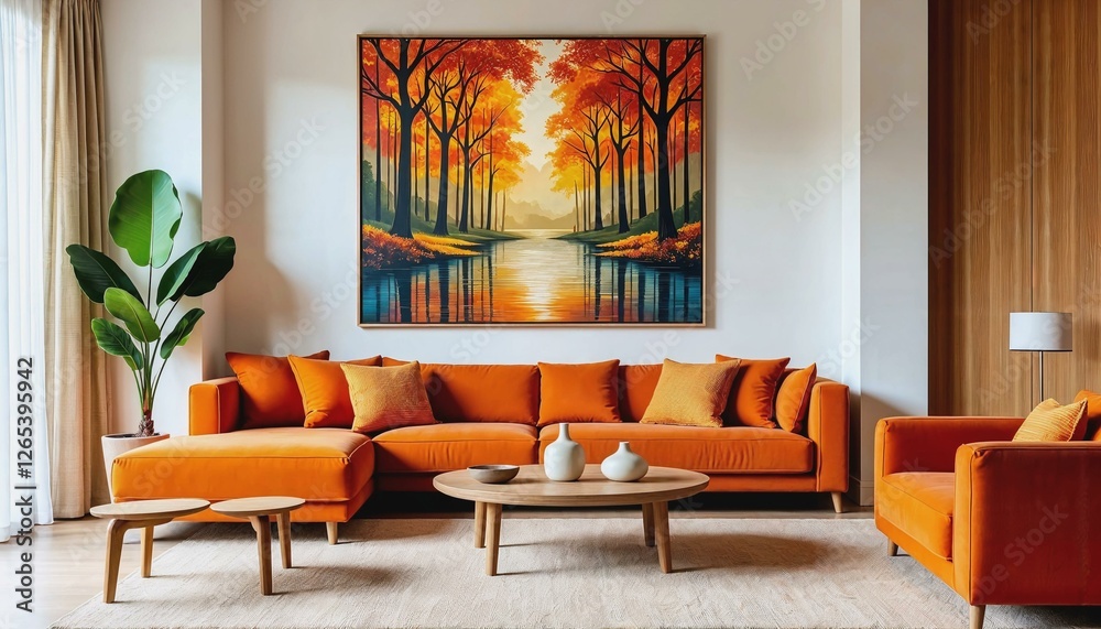 Fototapeta premium Cozy living space with warm orange accents and nature-inspired artwork