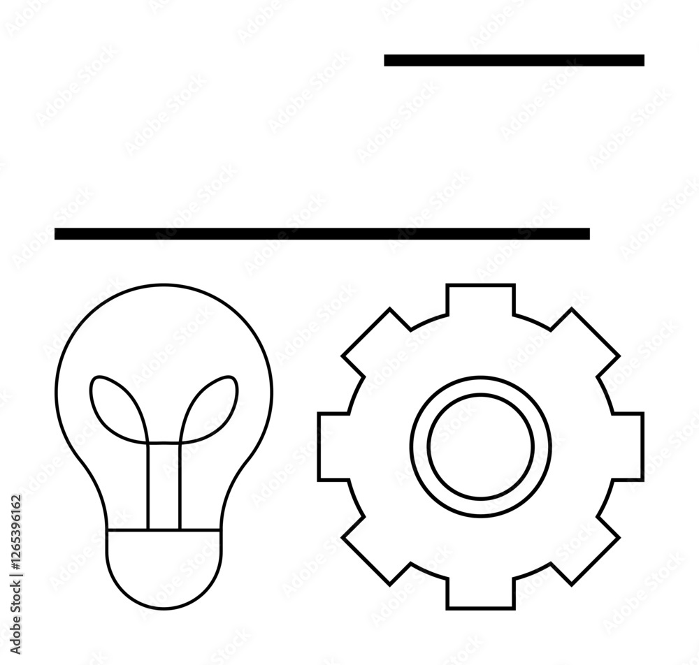 Lightbulb and gear symbols surrounded by minimalist horizontal lines highlight innovation, ideas, systems, and productivity. Ideal for creativity, technology, teamwork, business, problem-solving