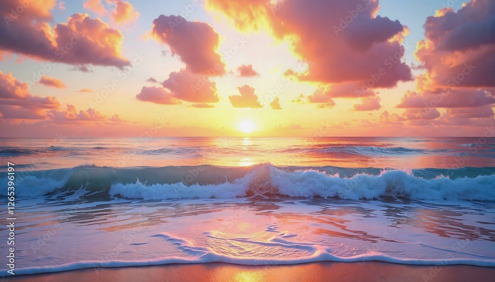 Obraz premium Dreamy ocean view at sunset with gentle waves and warm colors