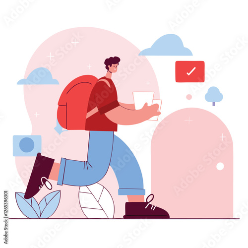 A stylized illustration of a person walking outdoors, carrying a backpack, with a serene background featuring trees and geometric shapes.