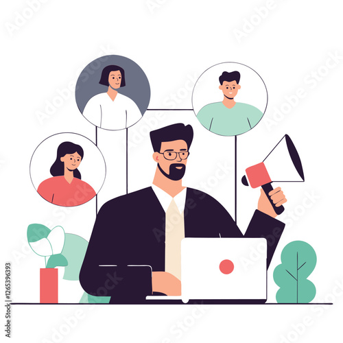 A professional scene with individuals of various ethnicities engaged in a business meeting. Features a speaker with a megaphone.