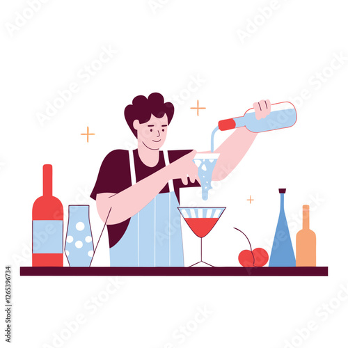 A bartender of African descent pours drinks at a vibrant bar, surrounded by various bottles. The illustration features a cheerful atmosphere.