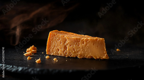 A wedge of aged cheddar cheese with a crumbly texture