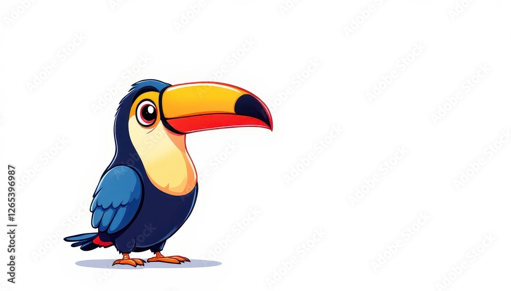 Naklejka premium Cartoon Toucan Standing Illustration with Large Beak and Colorful Plumage for Graphic Resource and Text Overlay Purpose Purpose