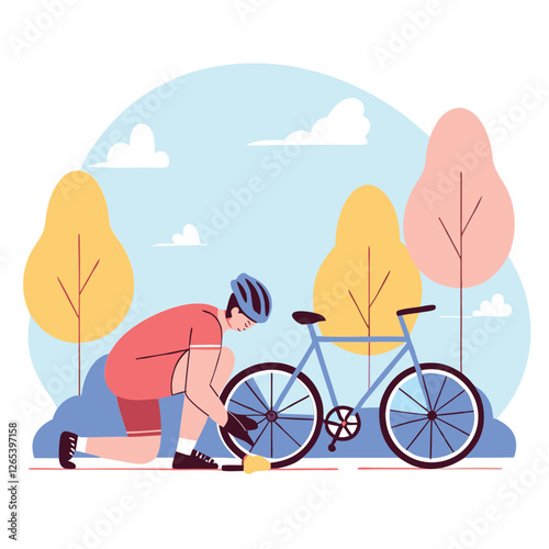 A European man repairs his bicycle in a stylized outdoor scene with colorful trees and mountains. It represents cycling and outdoor activities beautifully.