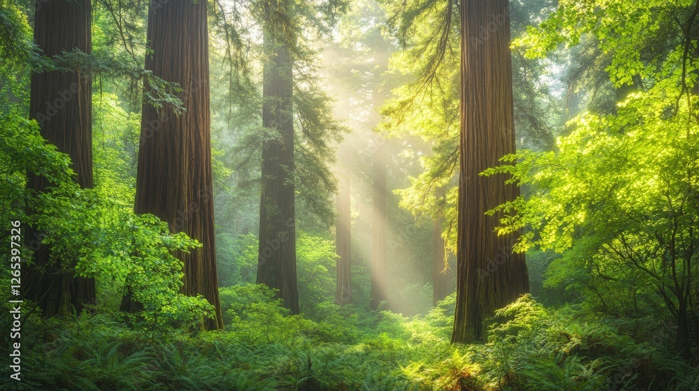 Fototapeta premium Majestic forest background with towering ancient trees, soft mist, and golden sunlight filtering through leaves