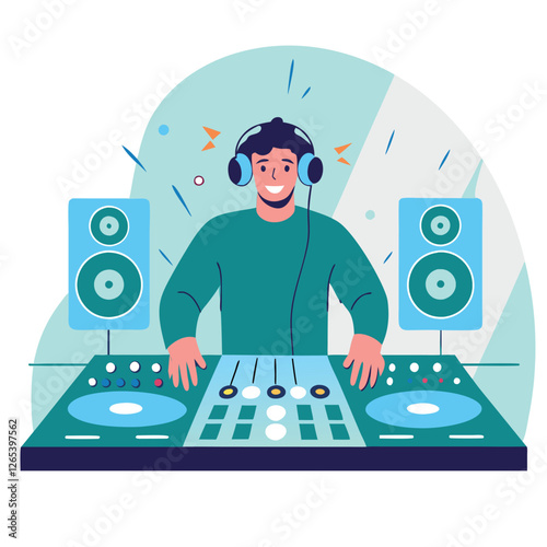 A joyful DJ, of African descent, spins tracks at a vibrant party. He wears headphones and is surrounded by speakers, creating an energetic atmosphere.