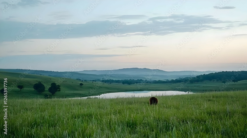 Tranquil Green Meadow With Lake And Hills At Sunset Tranquil Green Meadow With Lake And Hills At Sunset