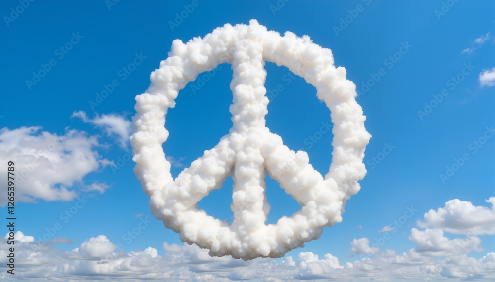 Obraz premium Fluffy clouds creating a peace sign in bright blue sky, unity symbol