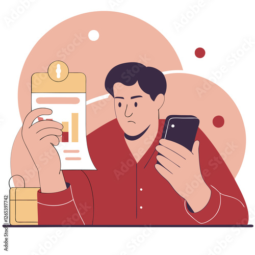 A European man is focused on his phone while holding a clipboard. The illustration uses cool tones and clean lines, depicting a thoughtful moment.