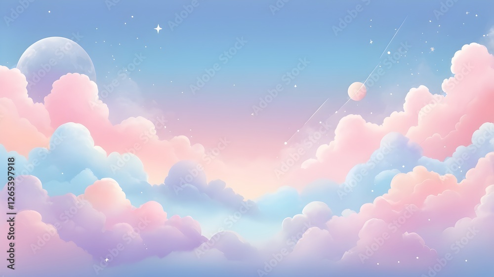 A dreamy, pastel-colored sky with fluffy clouds in shades of pink, blue, and purple, dotted with sparkling stars. A dreamy, pastel-colored sky with fluffy clouds in shades of pink, blue, and purple, dotted with sparkling stars.