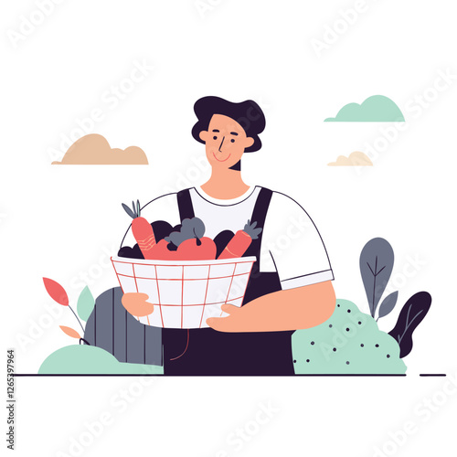 A person depicted in a flat design style, holding a basket of fresh vegetables against a simple background. The portrayal has a modern, cartoonish feel.