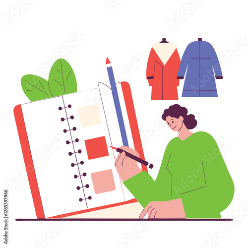 A stylish illustrator of African descent engages in creating fashion sketches with colorful garments displayed behind. The image features a vibrant design.