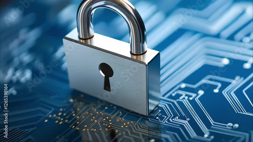 Wallpaper Mural A metallic padlock on a digital circuit board background, symbolizing cybersecurity and data protection. Torontodigital.ca