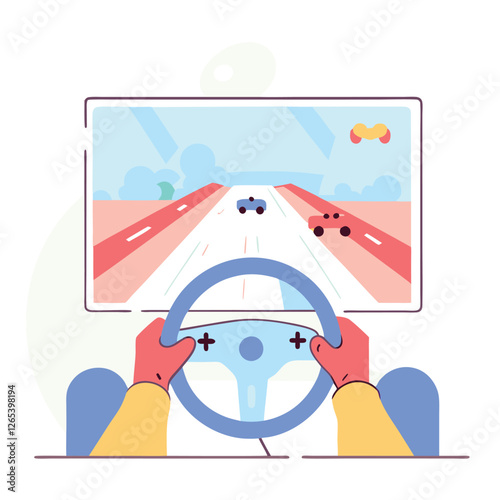 A vibrant illustration depicting a person playing a car racing video game with a focus on the steering wheel and colorful screen. It captures the essence of gaming.