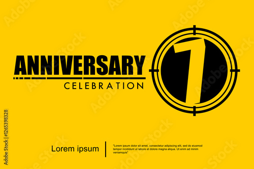 7th years anniversary celebration emblem. black anniversary logo isolated with target crosshairs on yellow background. vector illustration template design for web, flyers, poster, greeting card