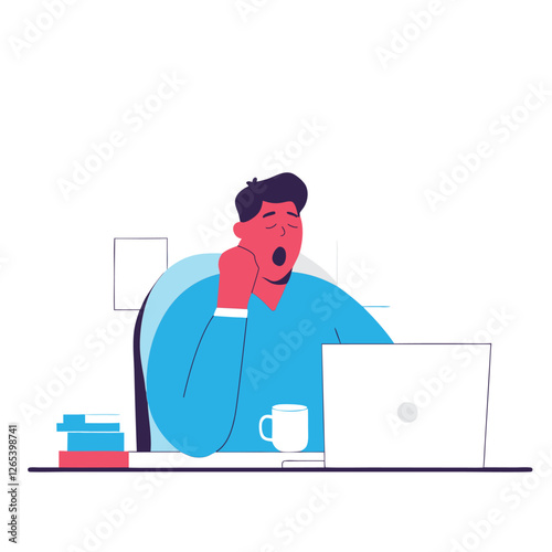 A tired man yawns while working at his desk with a laptop and a coffee mug. He is depicted in a flat, cartoon style, showcasing his exhaustion.