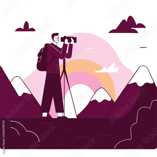 An illustration of an Asian male photographer capturing landscapes with mountains and clouds in the background. Ideal for creative designs and concepts.