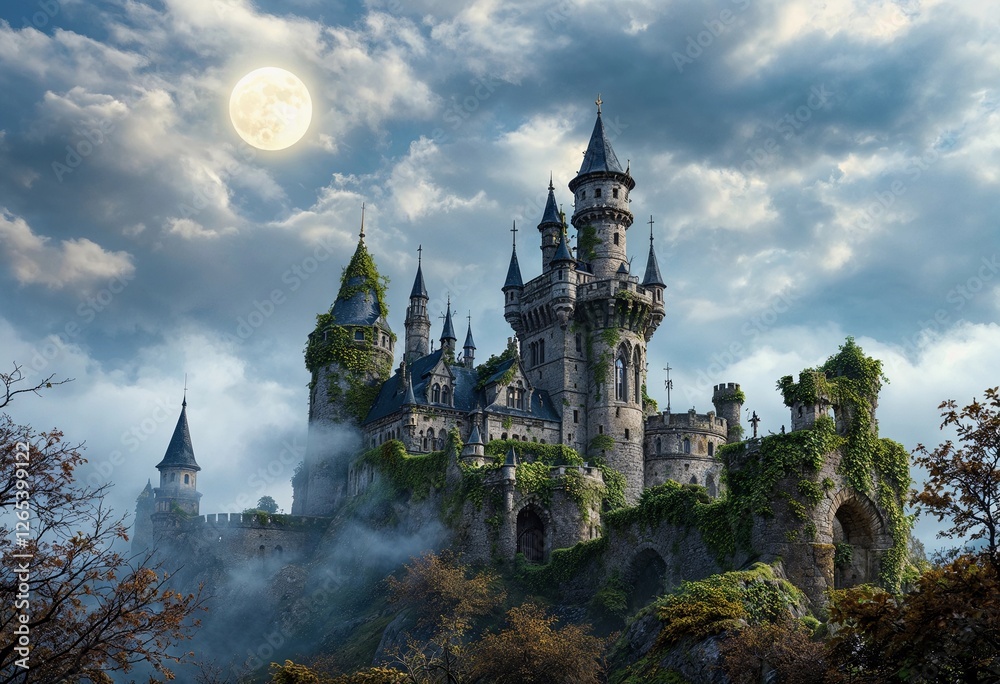 Enchanting Castle Bathed in Moonlight Amid Misty Woods and Ancient Trees. Generative AI Enchanting Castle Bathed in Moonlight Amid Misty Woods and Ancient Trees. Generative AI