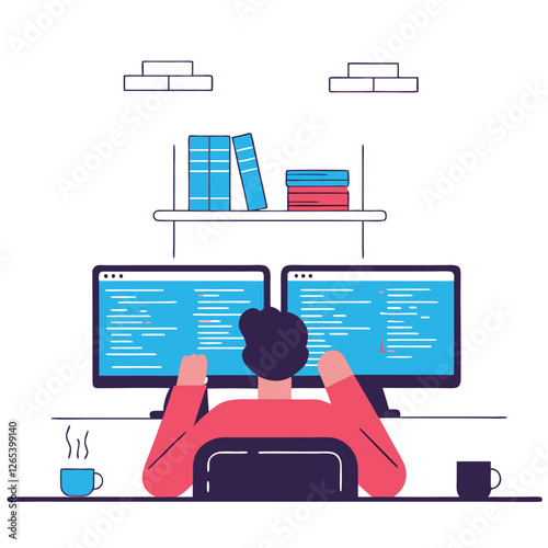 A flat illustration depicting a person working at a desk with two computer screens, showcasing a cozy yet modern workspace environment.