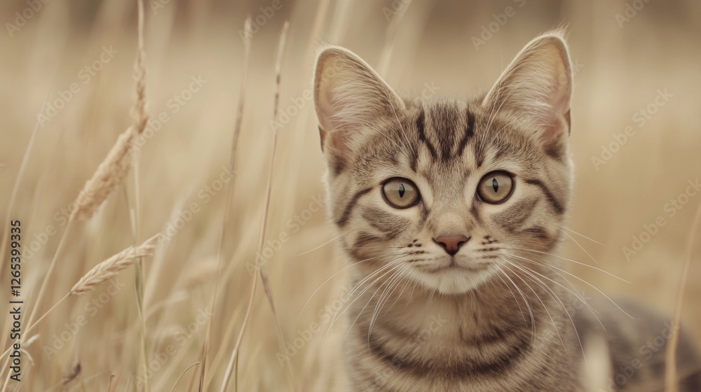 Tabby kitten in tall grass field, autumn Tabby kitten in tall grass field, autumn