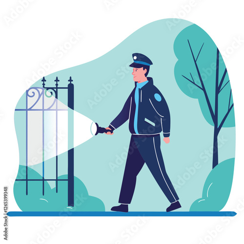 A cartoon depiction of a watchman with a flashlight walking near a gate, surrounded by trees. The character appears to have an African descent.