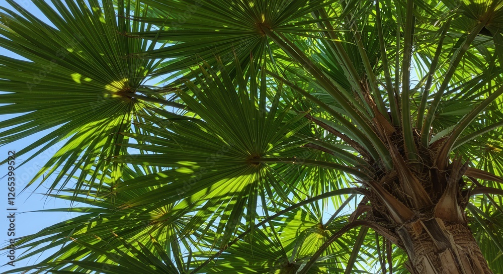 Fototapeta premium Palm Tree with Green Leaves Against Blue Sky on Sunny Day