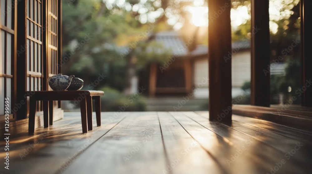 Tranquil Japanese garden view, tea ceremony setting, sunset Tranquil Japanese garden view, tea ceremony setting, sunset