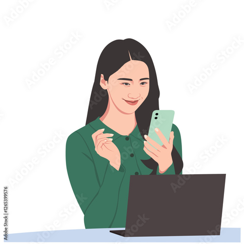 A young woman smiling while holding a smartphone in front of a laptop