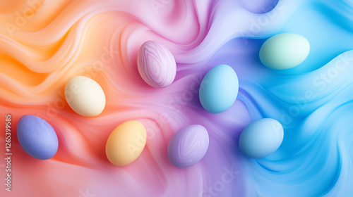 Wallpaper Mural A vibrant display of pastel-colored eggs arranged on a soft, swirling background of orange and blue fabric, perfect for celebrating spring or festive occasions. Torontodigital.ca